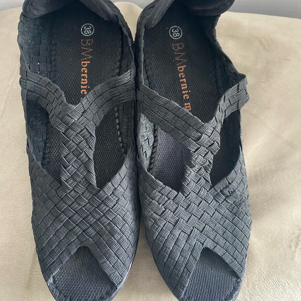 bernie mev. Black Woven Peep-Toe Slip-On Flats